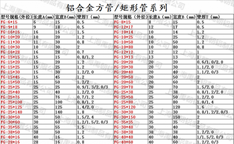 铝合金方管规格及价格图片