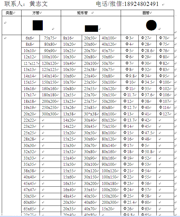 不锈钢圆管规格型号尺寸表重量