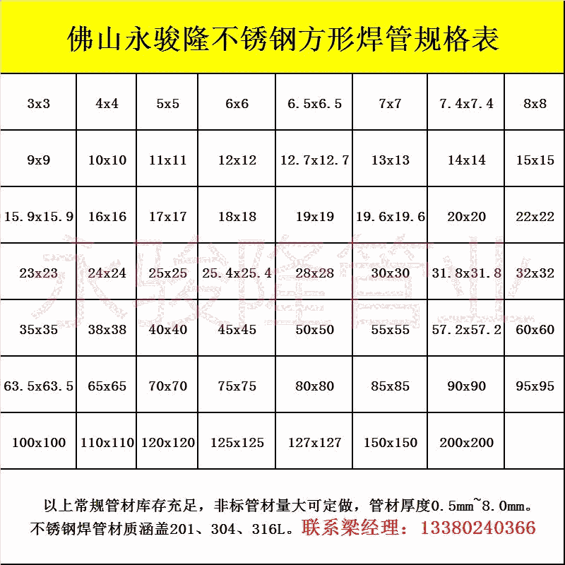 不锈钢304方管规格表